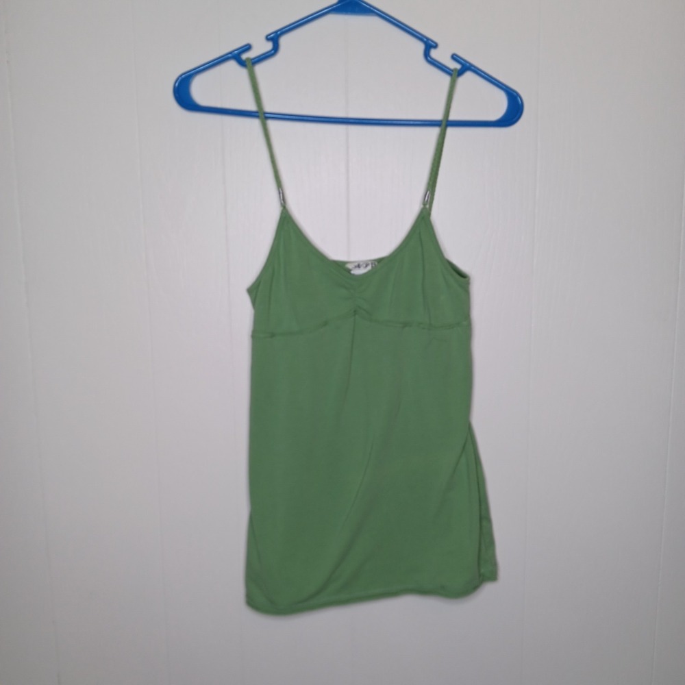 Y2K API Cami Tank Top Womens Size L Green Ruched V Neck Braided Straps Preppy